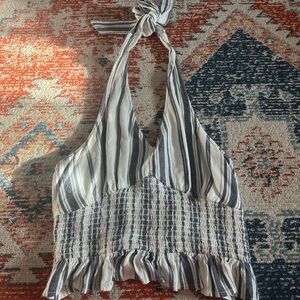 blue and white stripped american eagle halter tie top